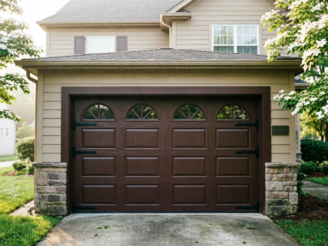 A brown garage door with arched windows and decorative hinges on a tan house.