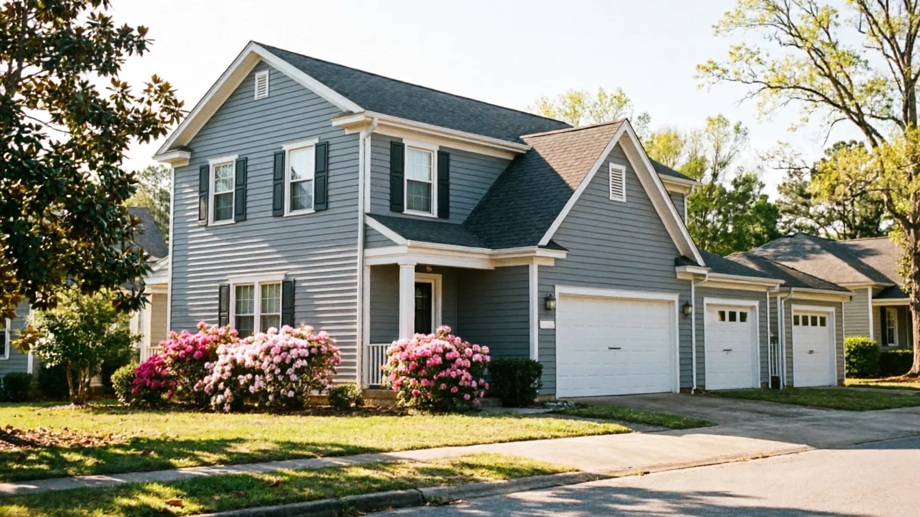 A gray house with a white garage door and two smaller white garage doors.