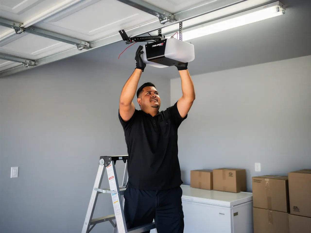 A technician on a ladder installs a garage door opener.